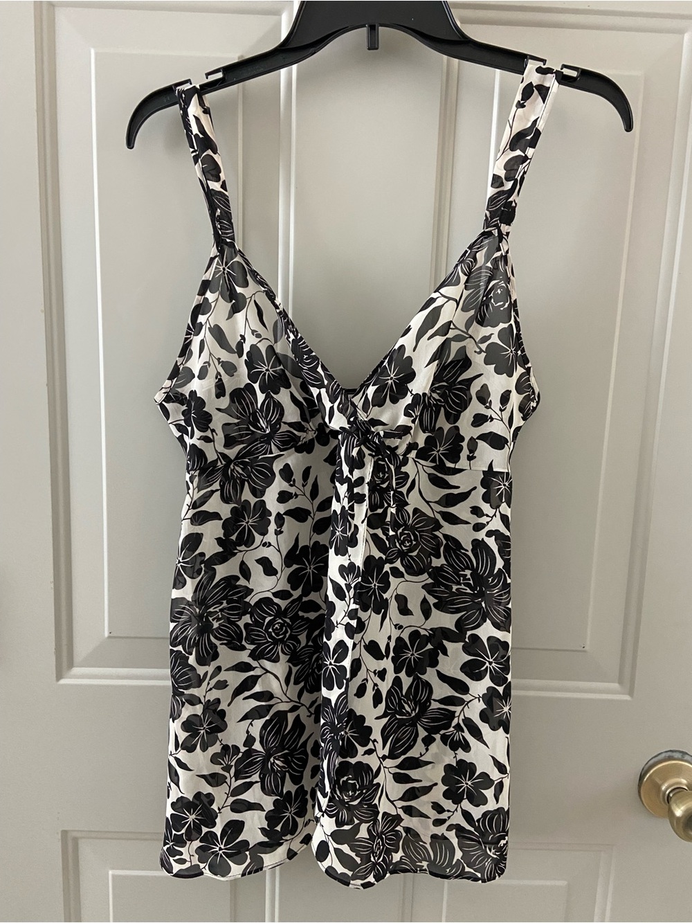 Black & White Floral Satin Chemise with Tie-Front